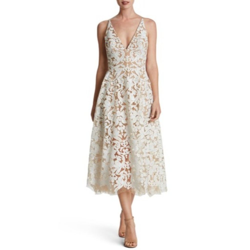 Dress the Population Dress Womens Sz S Blair Lace MiDi White Nude Msrp $269 - Picture 1 of 14